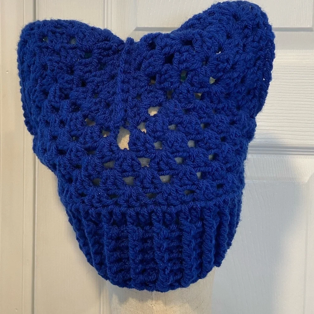 Handmade Crochet Cat Animal Ear Beanie Hat Cozy Ribbed Brim Stretch Winter Hat